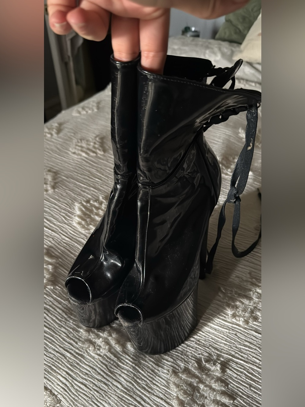 Hella Heels 8” Peep Toe Corset Pole Shoes Patent Black